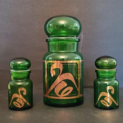LOT 277: Vintage Estée Lauder Azurée Green Jars and Re-Nutriv Jars, Glass Eye Cup, Apothecary Jar, Vintage Hand Bag & More