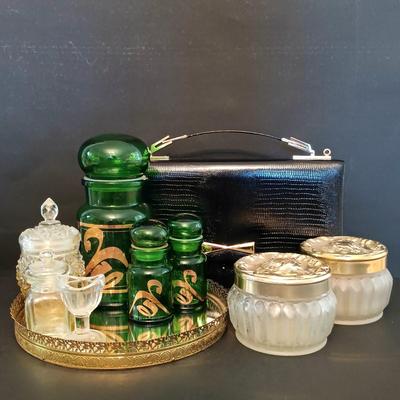 LOT 277: Vintage Estée Lauder Azurée Green Jars and Re-Nutriv Jars, Glass Eye Cup, Apothecary Jar, Vintage Hand Bag & More
