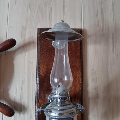 LOT 280: Vintage Gimbal Oil Lamps with Smoke Shades, Brass Ships Bell & Small Wood Ship Wheel