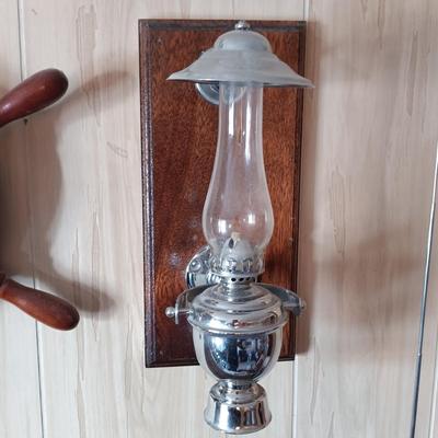 LOT 280: Vintage Gimbal Oil Lamps with Smoke Shades, Brass Ships Bell & Small Wood Ship Wheel