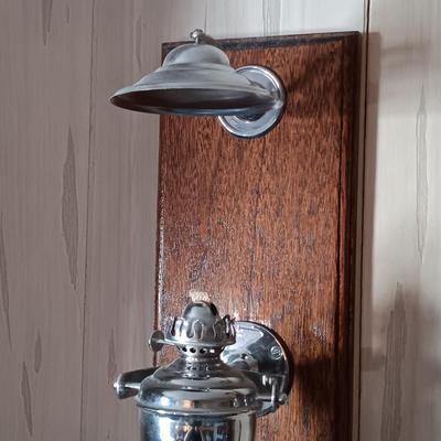 LOT 280: Vintage Gimbal Oil Lamps with Smoke Shades, Brass Ships Bell & Small Wood Ship Wheel