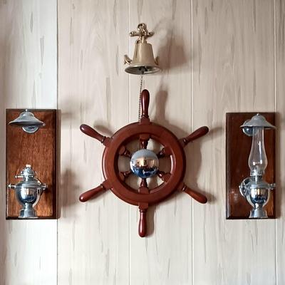 LOT 280: Vintage Gimbal Oil Lamps with Smoke Shades, Brass Ships Bell & Small Wood Ship Wheel