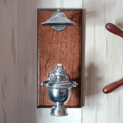 LOT 280: Vintage Gimbal Oil Lamps with Smoke Shades, Brass Ships Bell & Small Wood Ship Wheel