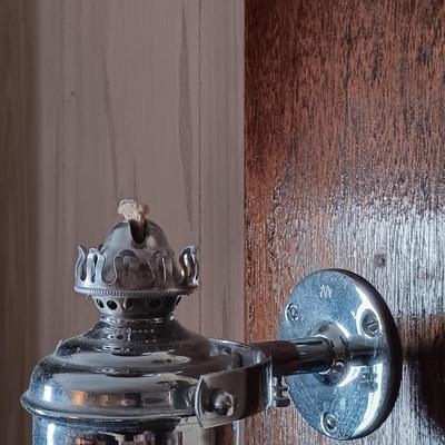 LOT 280: Vintage Gimbal Oil Lamps with Smoke Shades, Brass Ships Bell & Small Wood Ship Wheel