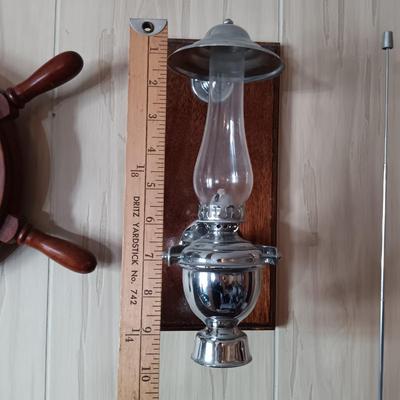 LOT 280: Vintage Gimbal Oil Lamps with Smoke Shades, Brass Ships Bell & Small Wood Ship Wheel