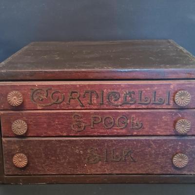 LOT 282: Antique Corticelli 3-Drawer Spool Cabinet