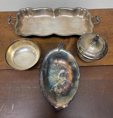 silver-plate serving pieces - tray, nut dish, sugar bowl, condiment jar