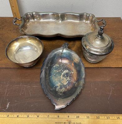 silver-plate serving pieces - tray, nut dish, sugar bowl, condiment jar