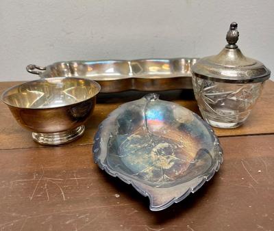 silver-plate serving pieces - tray, nut dish, sugar bowl, condiment jar