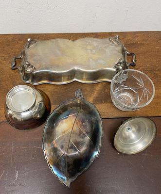 silver-plate serving pieces - tray, nut dish, sugar bowl, condiment jar