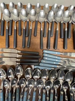 2 flatware sets = sky blue VF Mardi Gras and Black Stanley Roberts - a few missing pieces