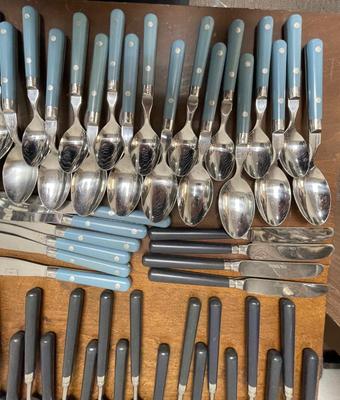 2 flatware sets = sky blue VF Mardi Gras and Black Stanley Roberts - a few missing pieces