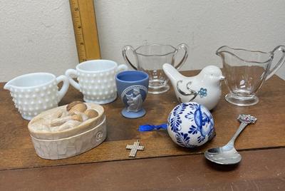 Vintage Glass & Ceramic Misc. Lot - milk glass cream & sugar, Delft Blue Ornament, Resin trinket box, etc