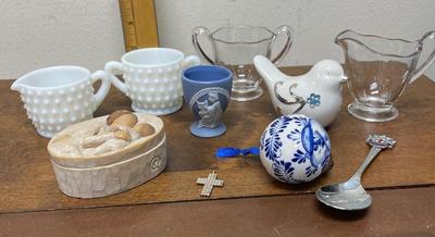 Vintage Glass & Ceramic Misc. Lot - milk glass cream & sugar, Delft Blue Ornament, Resin trinket box, etc