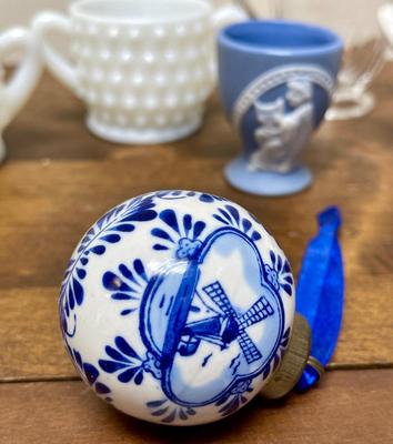 Vintage Glass & Ceramic Misc. Lot - milk glass cream & sugar, Delft Blue Ornament, Resin trinket box, etc