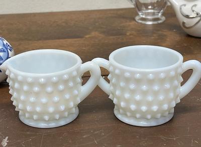 Vintage Glass & Ceramic Misc. Lot - milk glass cream & sugar, Delft Blue Ornament, Resin trinket box, etc