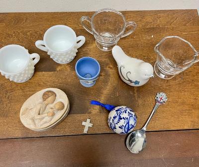 Vintage Glass & Ceramic Misc. Lot - milk glass cream & sugar, Delft Blue Ornament, Resin trinket box, etc