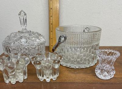 Crystal & Glass Miscellaneous. Lot - ice bucket without lid, covered candy dish, candle holders, toothpick holder
