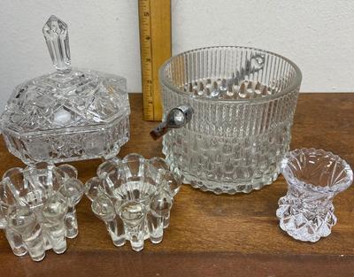 Crystal & Glass Miscellaneous. Lot - ice bucket without lid, covered candy dish, candle holders, toothpick holder