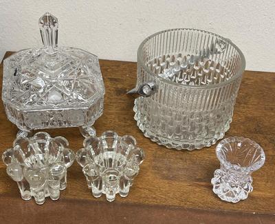 Crystal & Glass Miscellaneous. Lot - ice bucket without lid, covered candy dish, candle holders, toothpick holder