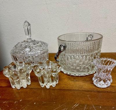 Crystal & Glass Miscellaneous. Lot - ice bucket without lid, covered candy dish, candle holders, toothpick holder