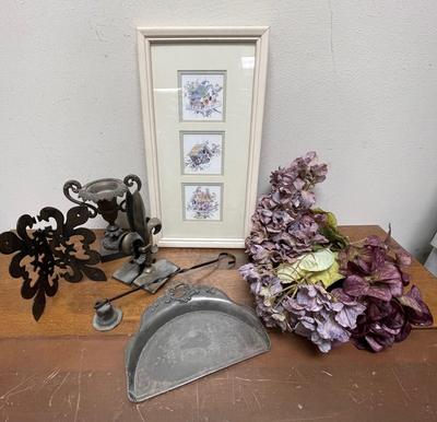 Misc Home Decor Lot - silver-plated scoop, cast iron candle holder, framed flower prints, candle snuffer, etc