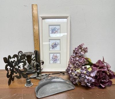 Misc Home Decor Lot - silver-plated scoop, cast iron candle holder, framed flower prints, candle snuffer, etc