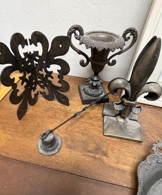 Misc Home Decor Lot - silver-plated scoop, cast iron candle holder, framed flower prints, candle snuffer, etc