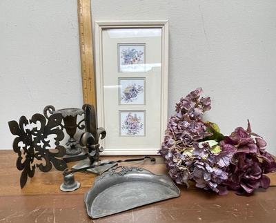 Misc Home Decor Lot - silver-plated scoop, cast iron candle holder, framed flower prints, candle snuffer, etc