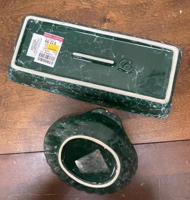Green Ceramic tray and shell shaped bowl & 2 round antique gold framed prints