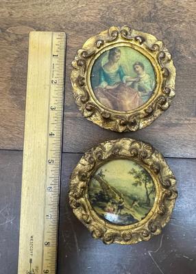 Green Ceramic tray and shell shaped bowl & 2 round antique gold framed prints