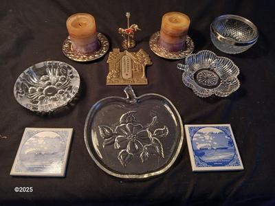 Home decor - candles - Carousel horse - Brass thermometer - glass dishes and corked back trivets