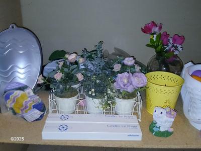 Happy Easter! Easter Decor Baskets, plastic eggs, wooden wall shelf faux flowers and more
