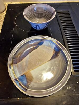 Clay pottery bowl and pie plate