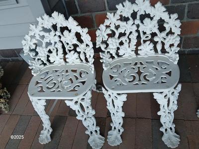 Two Vintage Cast Wrought Iron Victorian Grape & Vine Pattern Garden Patio Lawn Chairs