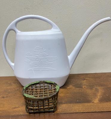 Metal Flower Frog Cage with white plastic watering can
