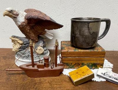 Random Misc Collector's Lot - Eagle Figurine, Silver-Plate Christening Cup, Wood Boat, Wood Trinket box, matches, etc