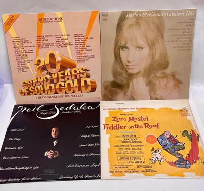 Lot of 4 Vintage Vinyl 33RPM Record Albums: Barbara Streisand's Greatest Hits, Fiddler on the Roof, Neil Sedaka, and Solid Gold Hits...