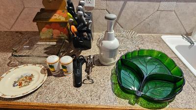 Glass serving plates, salt and pepper shakers, pampered chef food chopper, Knife set