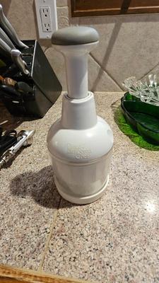 Glass serving plates, salt and pepper shakers, pampered chef food chopper, Knife set