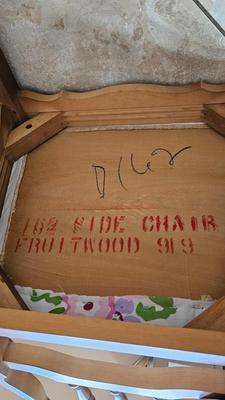 Fruit wood side chair with floral upholstered seat, and a four-tier wood shelf