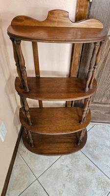 Fruit wood side chair with floral upholstered seat, and a four-tier wood shelf