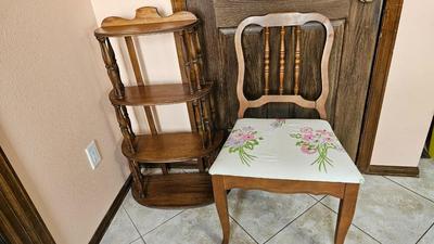 Fruit wood side chair with floral upholstered seat, and a four-tier wood shelf