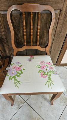 Fruit wood side chair with floral upholstered seat, and a four-tier wood shelf