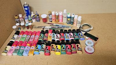 Fabric paint and Arcrylic paint with brushes and other crafting items