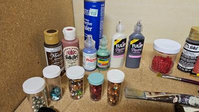 Fabric paint and Arcrylic paint with brushes and other crafting items