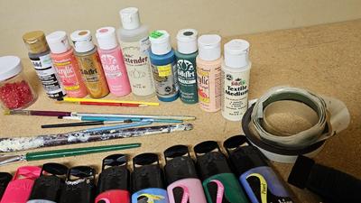 Fabric paint and Arcrylic paint with brushes and other crafting items