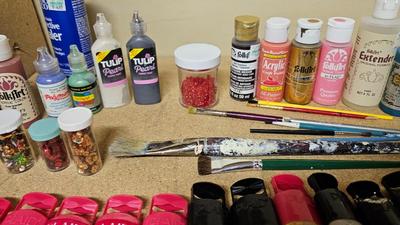 Fabric paint and Arcrylic paint with brushes and other crafting items