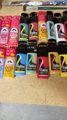 Fabric paint and Arcrylic paint with brushes and other crafting items