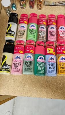 Fabric paint and Arcrylic paint with brushes and other crafting items